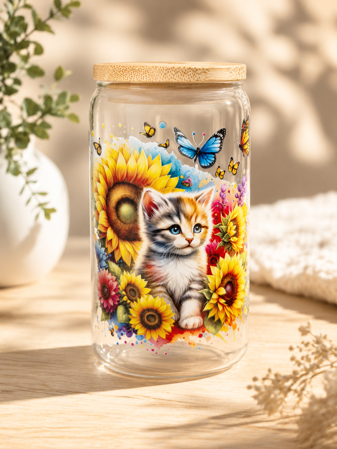Personalisiertes Trinkglas mit Katzenmotiv, Bambusdeckel & Glasstrohhalm