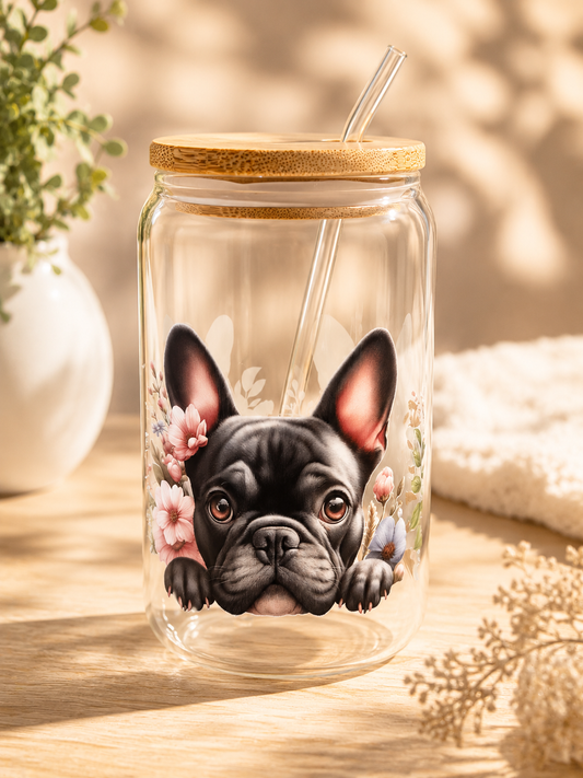 Personalisiertes Trinkglas mit Bambusdeckel & Glasstrohhalm + Hundemotiv