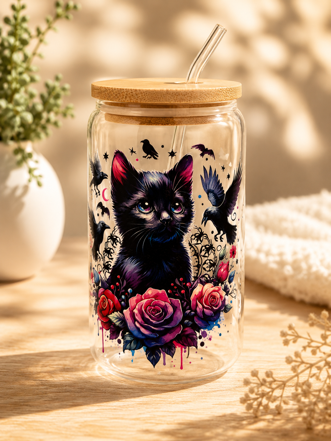 Personalisiertes Trinkglas mit Katzenmotiv, Bambusdeckel & Glasstrohhalm
