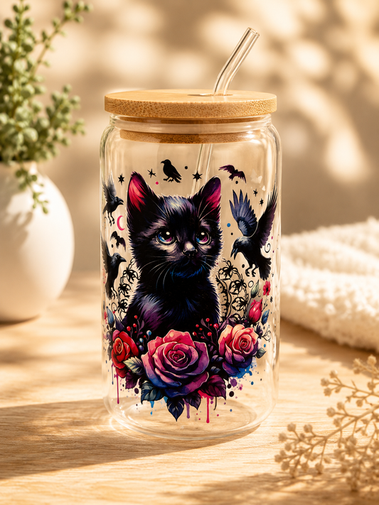 Personalisiertes Trinkglas mit Katzenmotiv, Bambusdeckel & Glasstrohhalm
