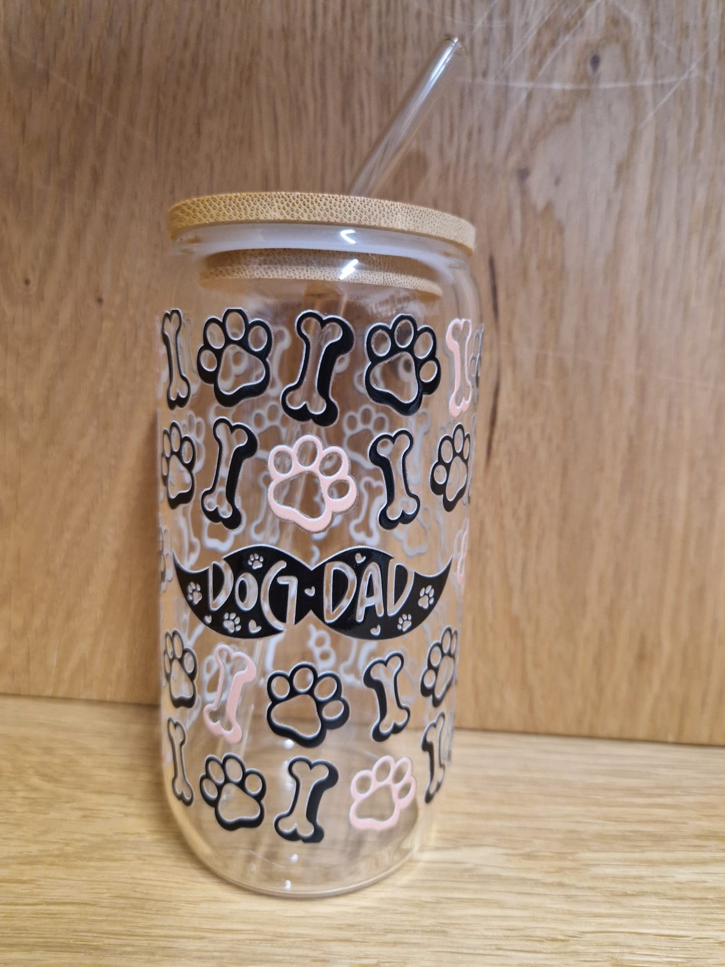 Glas mit Deckel&Stohhalm + Hundemotiv