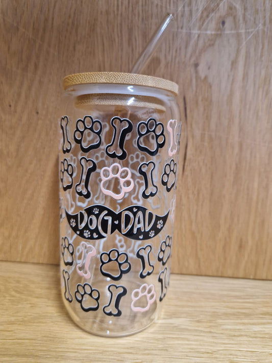 Glas mit Deckel&Stohhalm + Hundemotiv