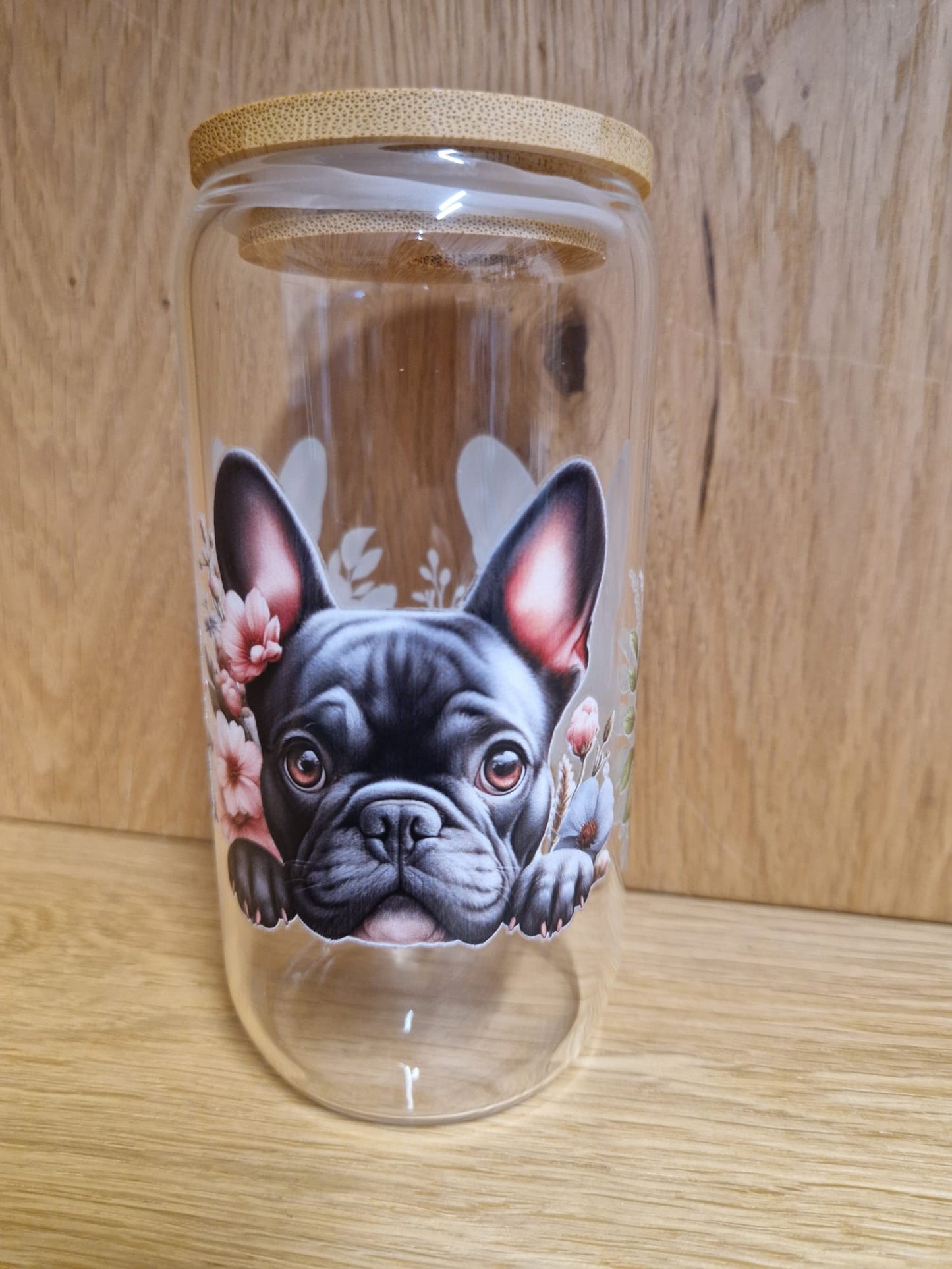 Glas mit Deckel&Stohhalm + Hundemotiv