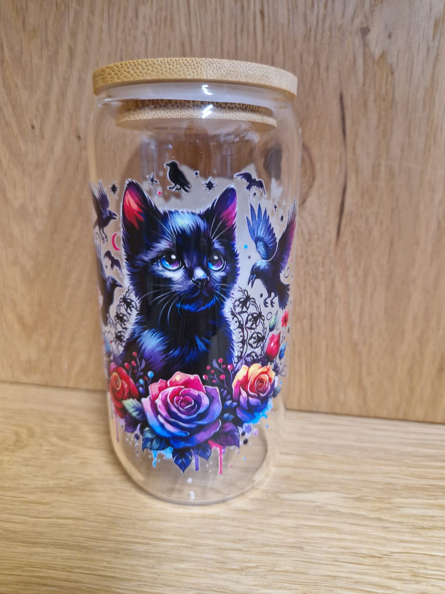 Glas mit Deckel&Stohhalm + Katzenmotiv