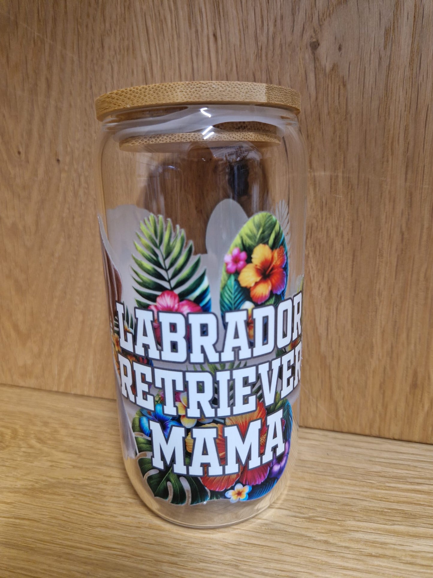 Glas mit Deckel&Stohhalm + Hundemotiv