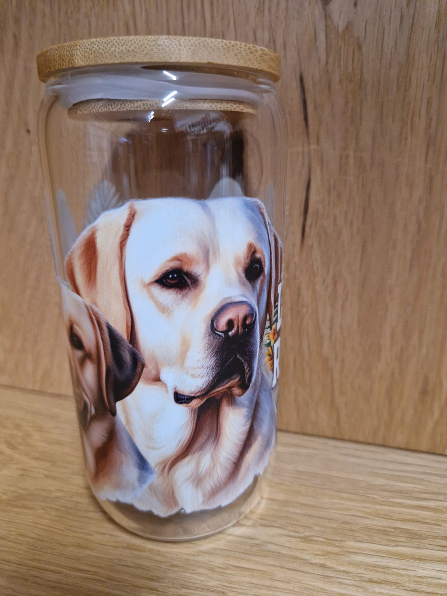 Glas mit Deckel&Stohhalm + Hundemotiv