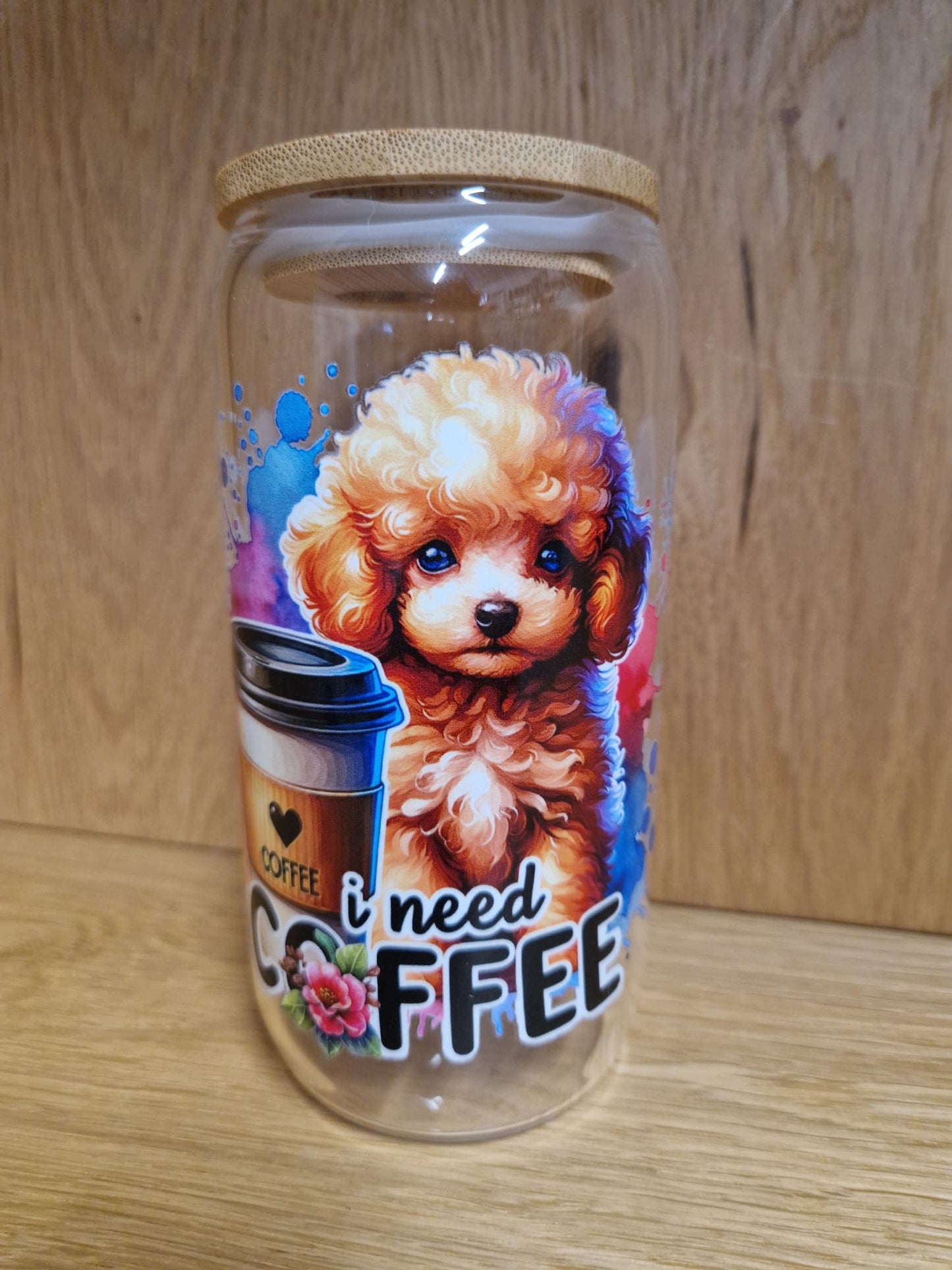 Glas mit Deckel&Stohhalm + Hundemotiv