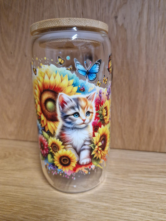 Glas mit Deckel&Stohhalm + Katzenmotiv