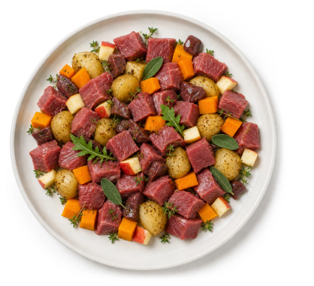 Wasserbüffel mit Kartoffeln an Kürbis & Apfe
